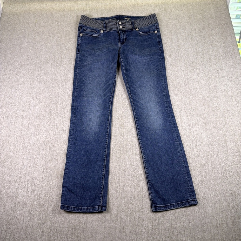 Seven7 Noel Jeans Women 8P Blue Silver Ribbed Waistband Straight Leg Denim